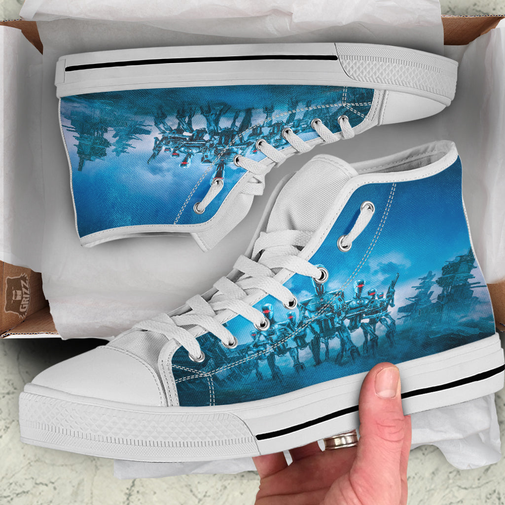 Robot Army Print White High Top Shoes-grizzshop