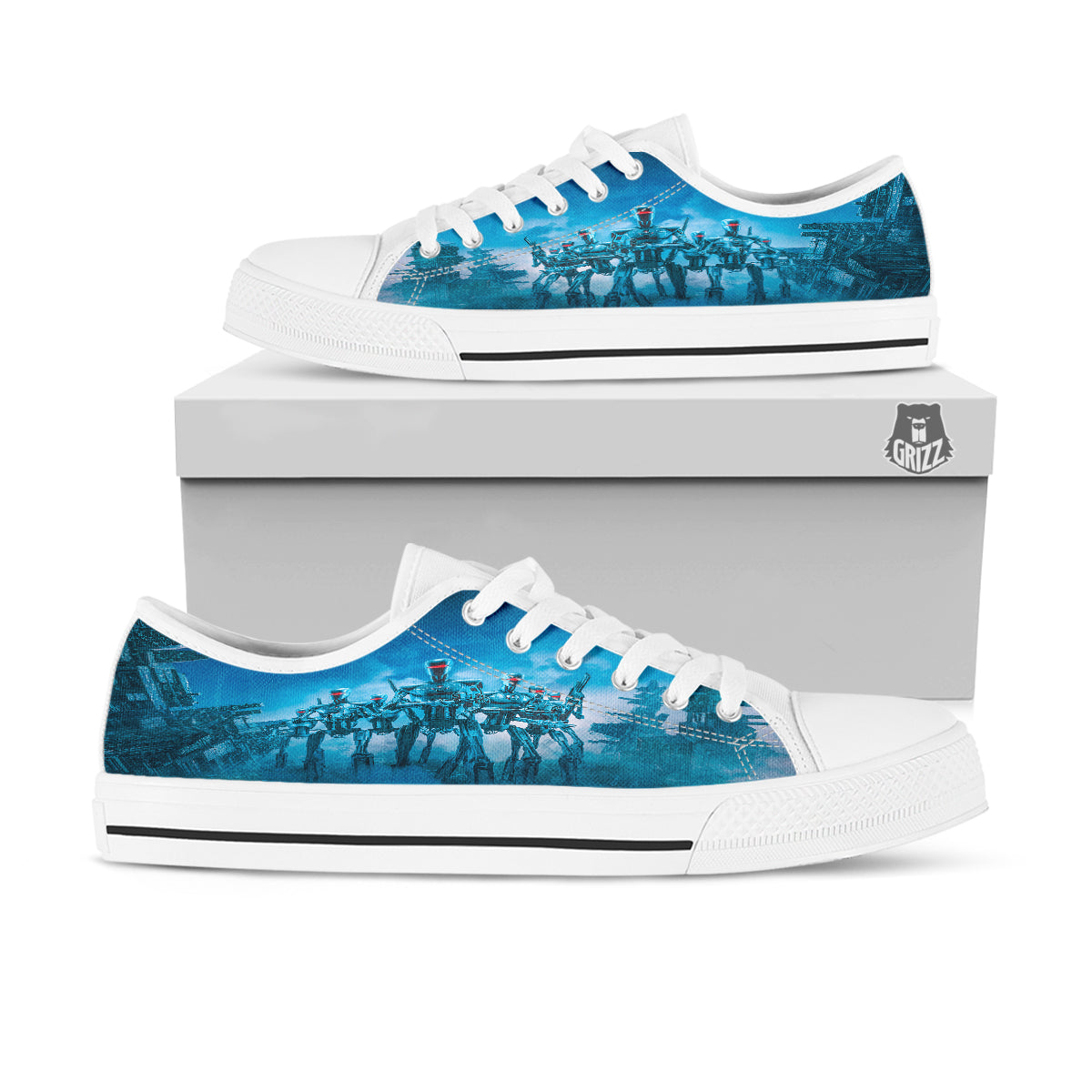Robot Army Print White Low Top Shoes-grizzshop