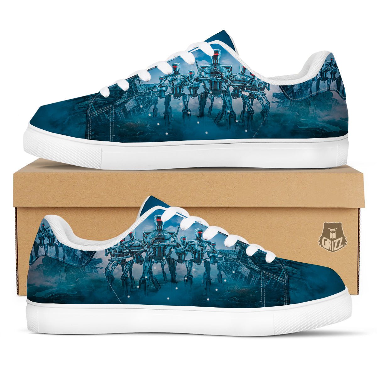 Robot Army Print White Low Top Sneakers-grizzshop