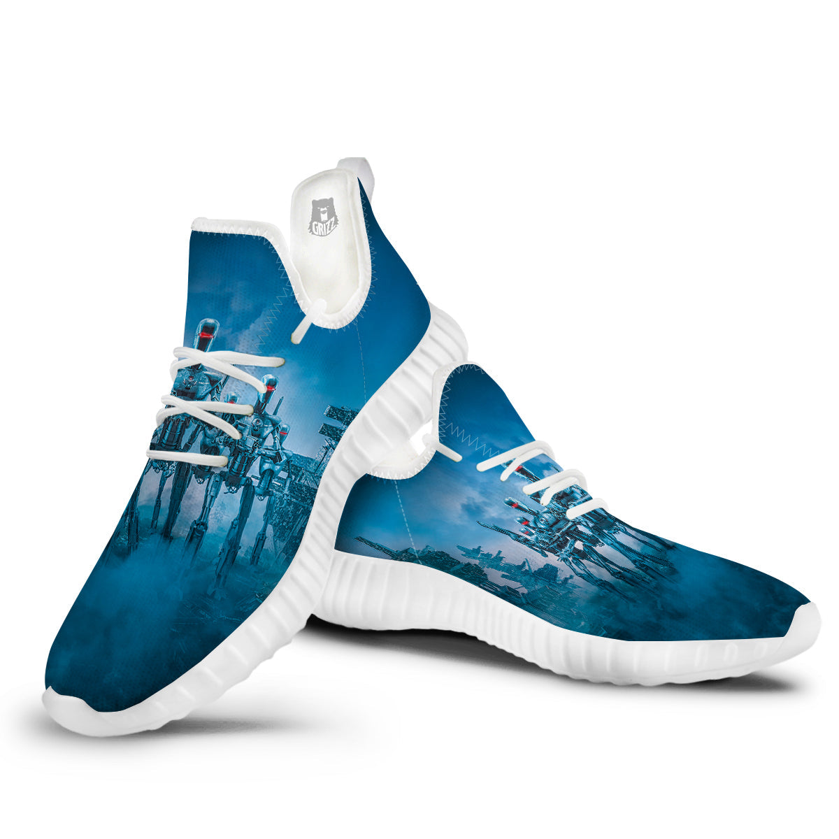 Robot Army Print White Walking Shoes-grizzshop