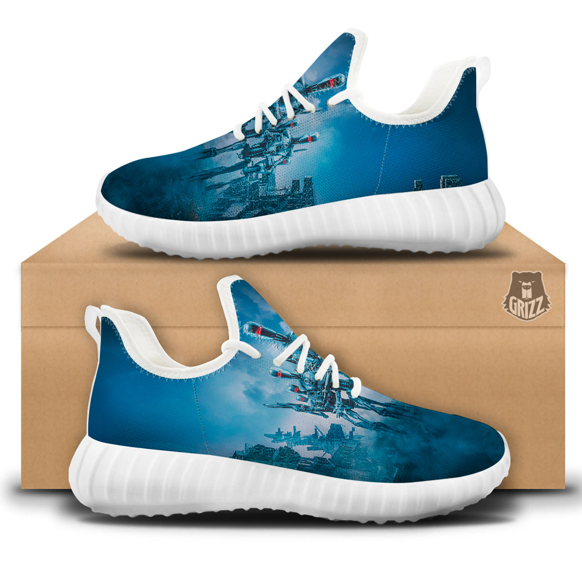 Robot Army Print White Walking Shoes-grizzshop
