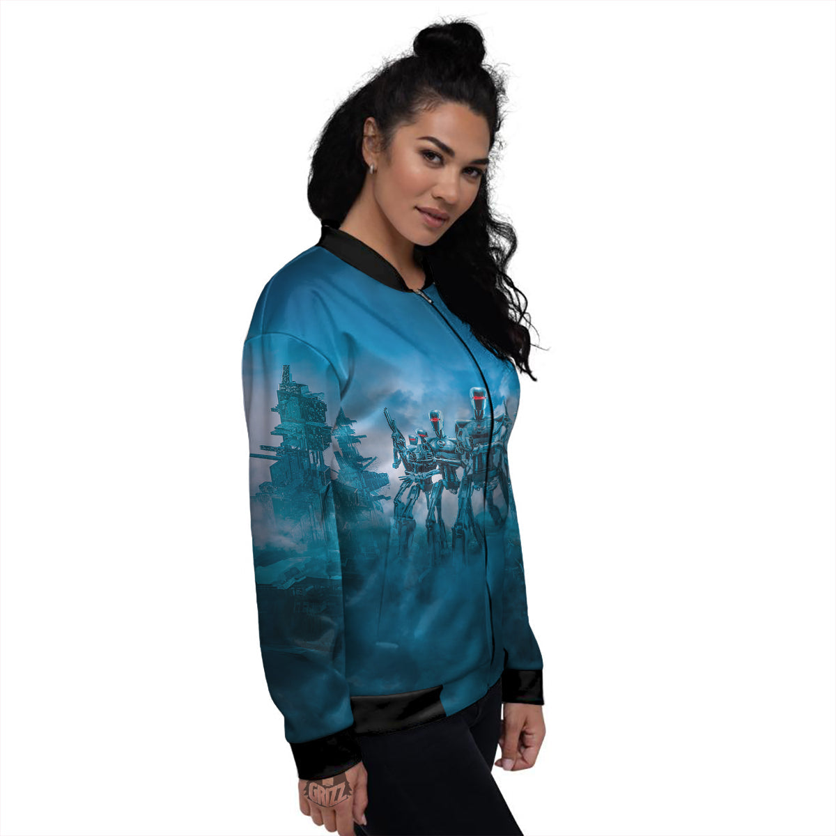Robot Army Print Women's Bomber Jacket-grizzshop