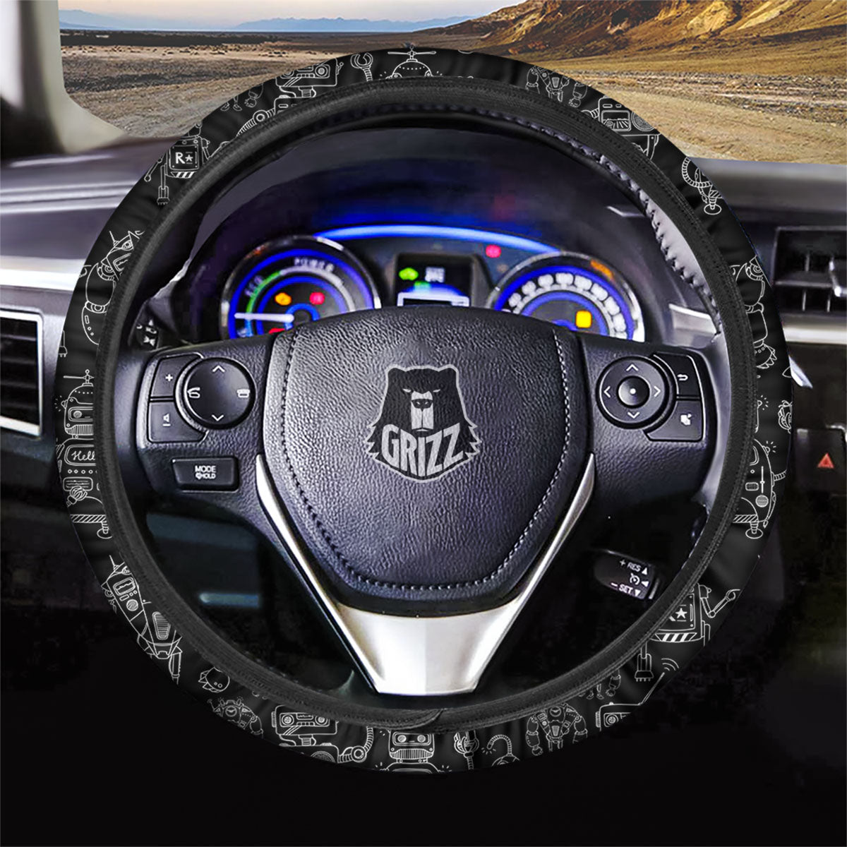Robot Black And White Print Pattern Car Steering Wheel Cover-grizzshop