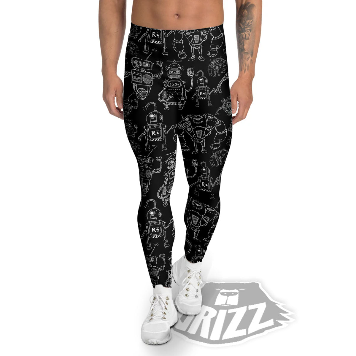 Robot Black And White Print Pattern Men's Leggings-grizzshop