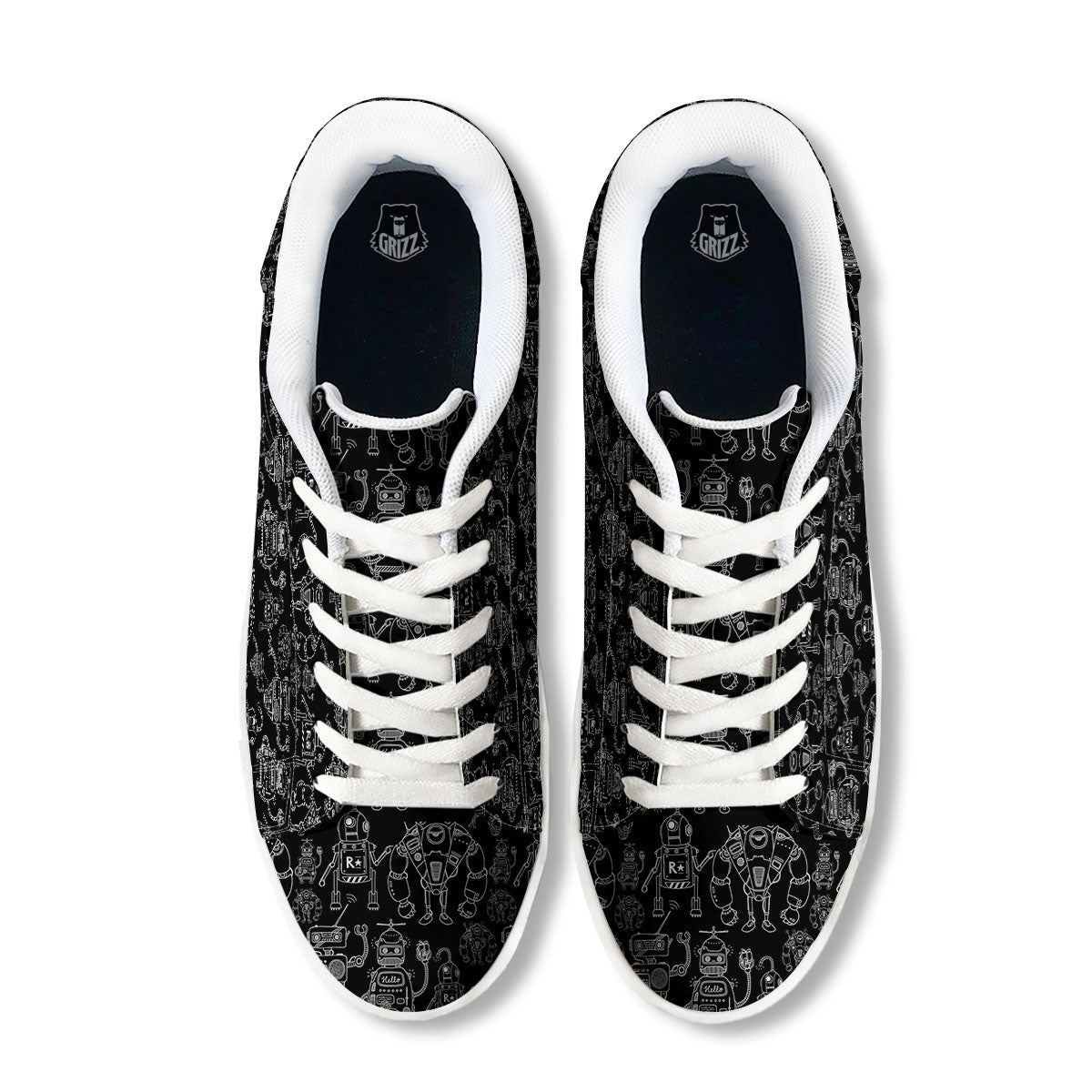 Robot Black And White Print Pattern White Low Top Sneakers-grizzshop