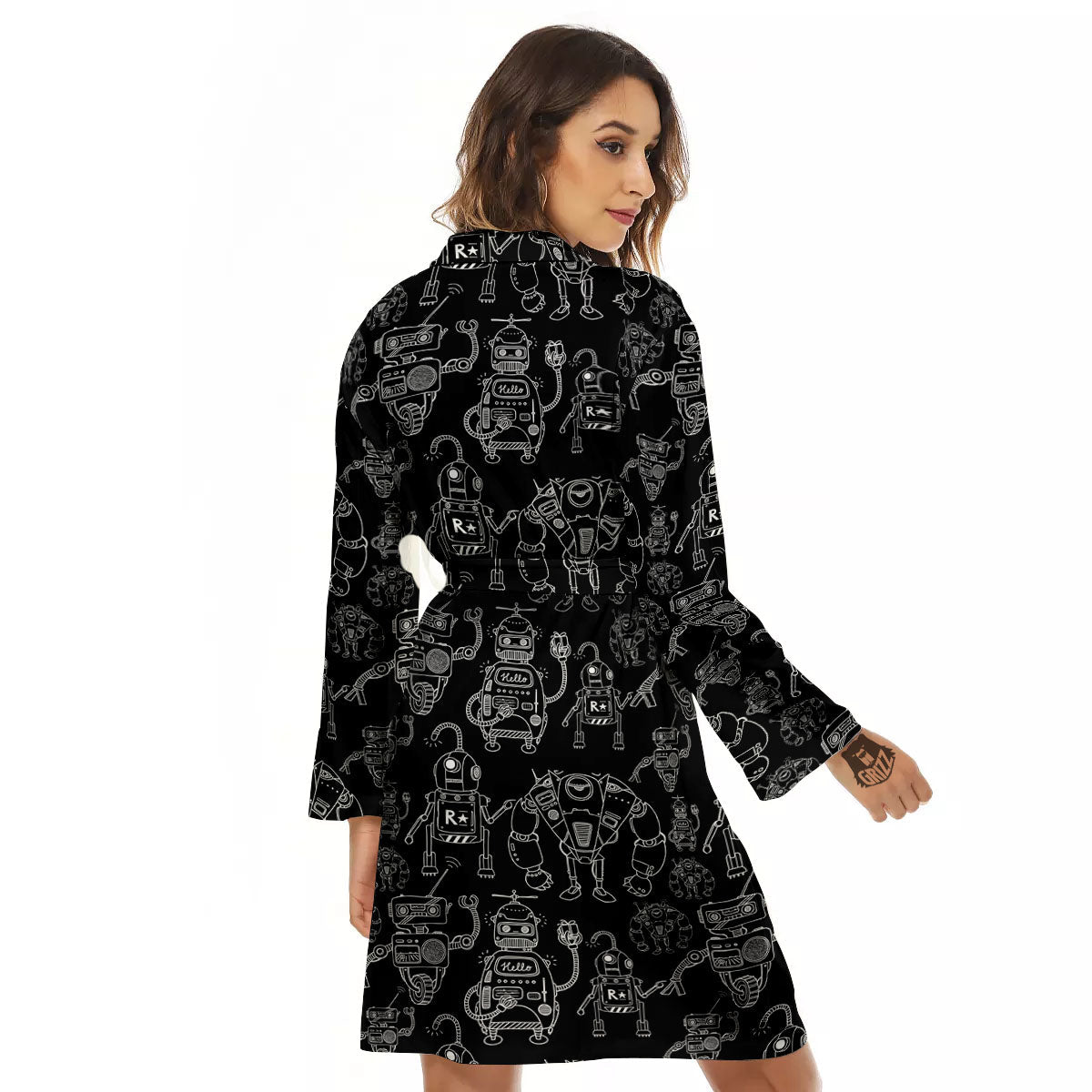 Robot Black And White Print Pattern Women's Robe-grizzshop