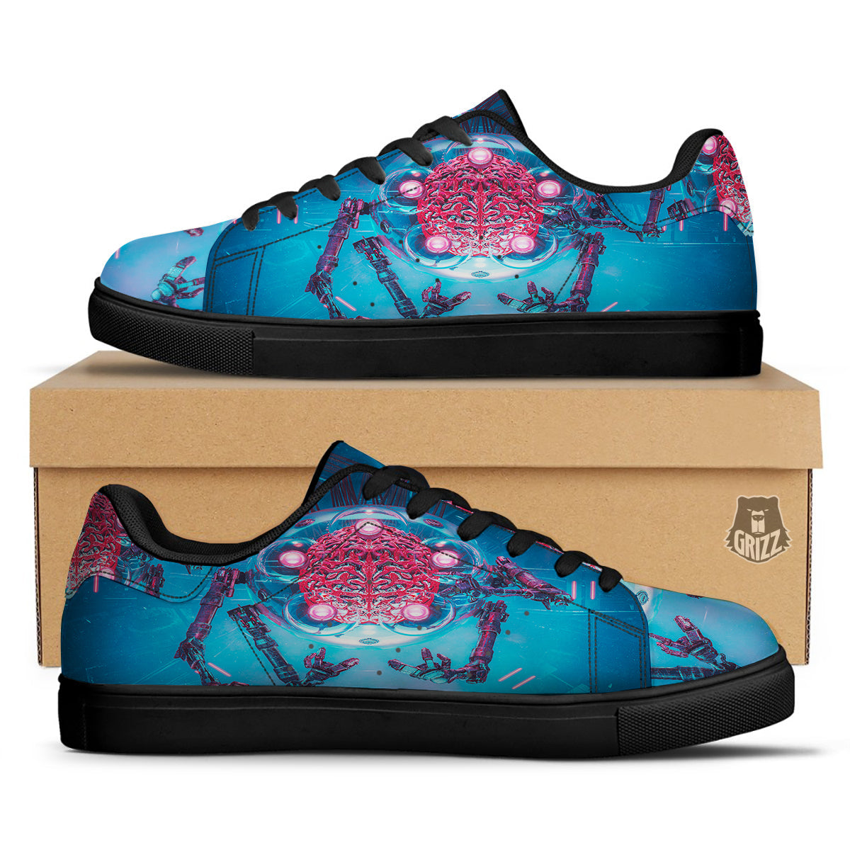 Robot Brain Machine Print Black Low Top Sneakers-grizzshop