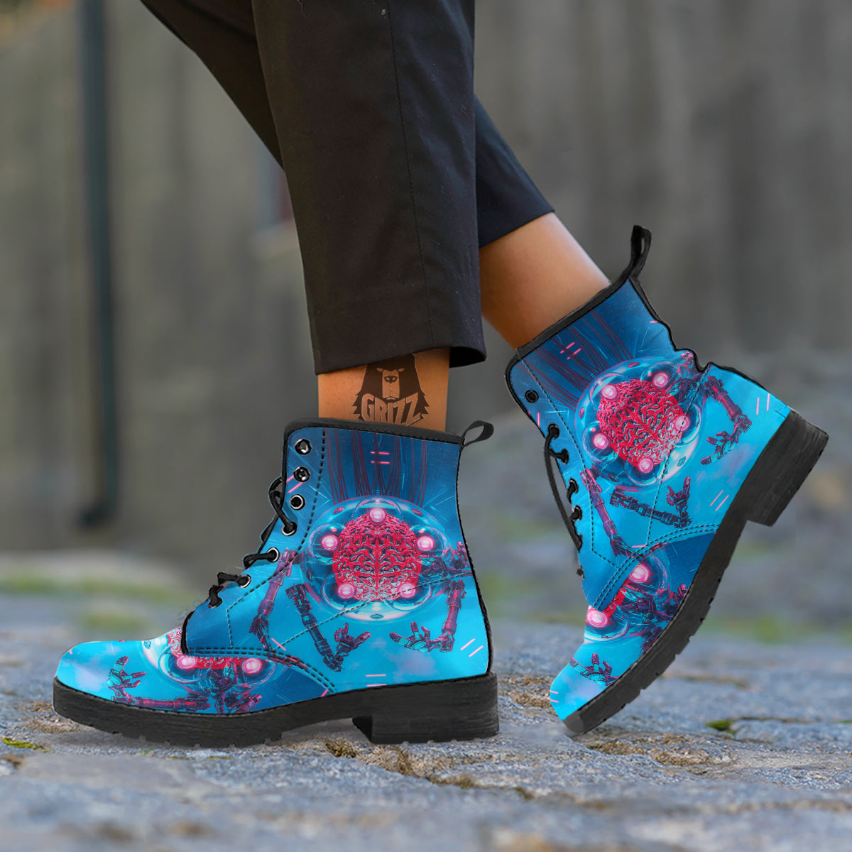 Robot Brain Machine Print Leather Boots-grizzshop
