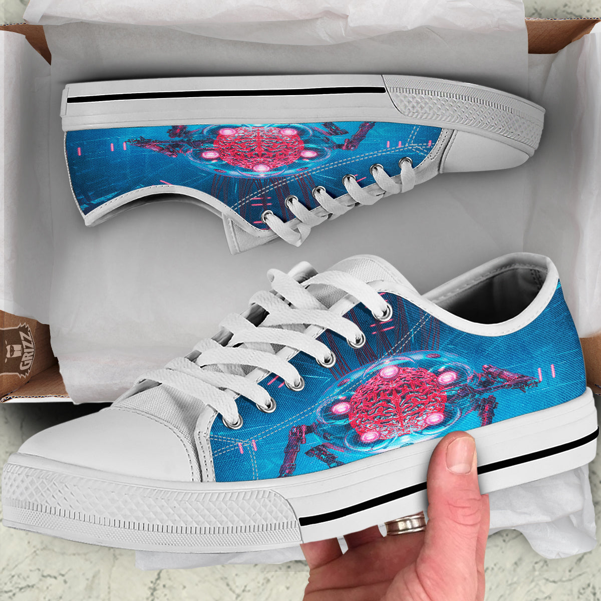 Robot Brain Machine Print White Low Top Shoes-grizzshop