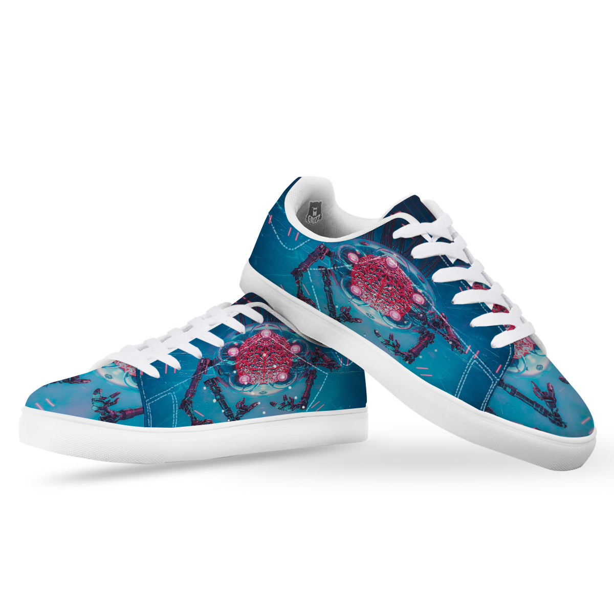 Robot Brain Machine Print White Low Top Sneakers-grizzshop