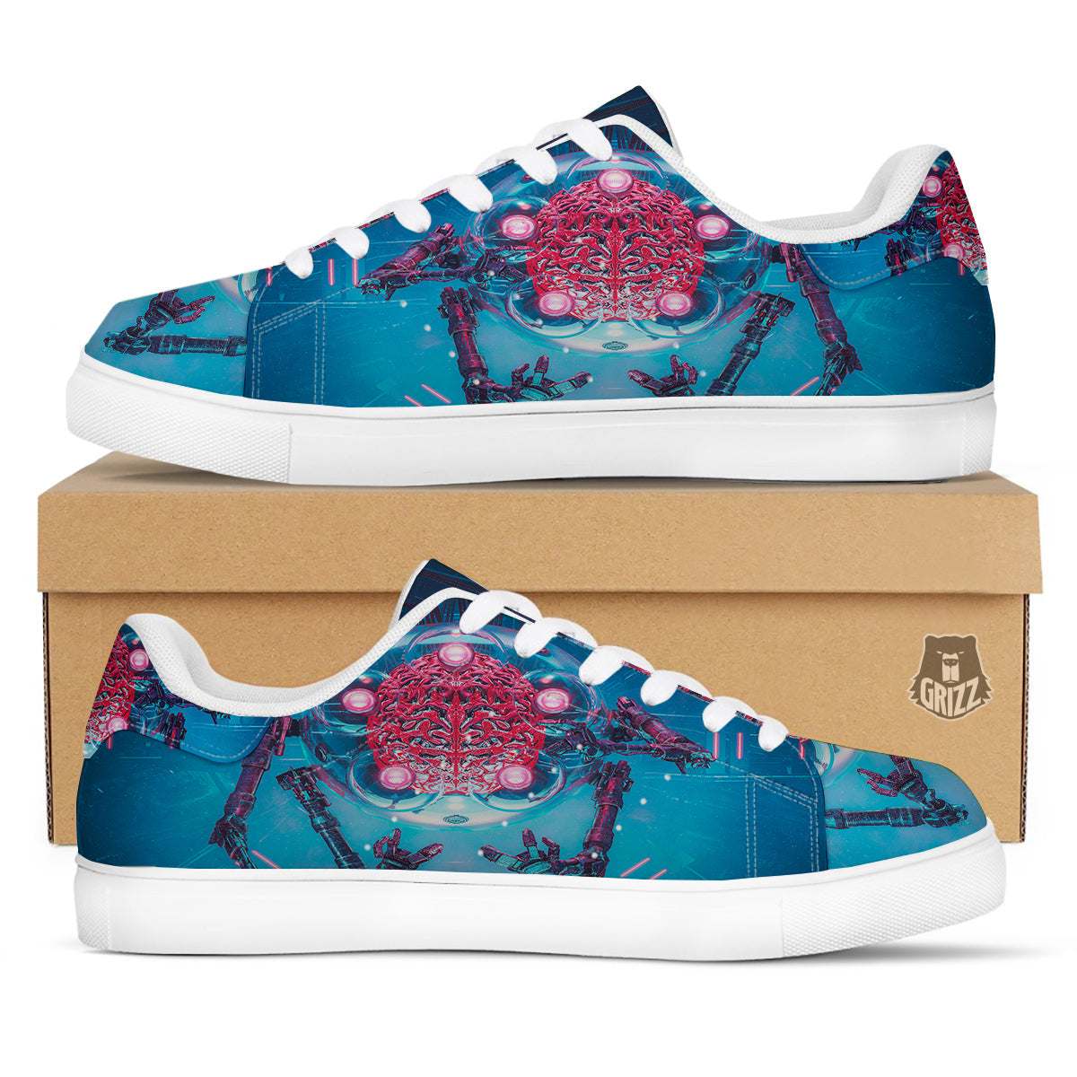 Robot Brain Machine Print White Low Top Sneakers-grizzshop