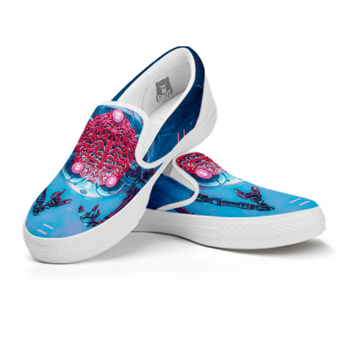 Robot Brain Machine Print White Slip On Shoes-grizzshop