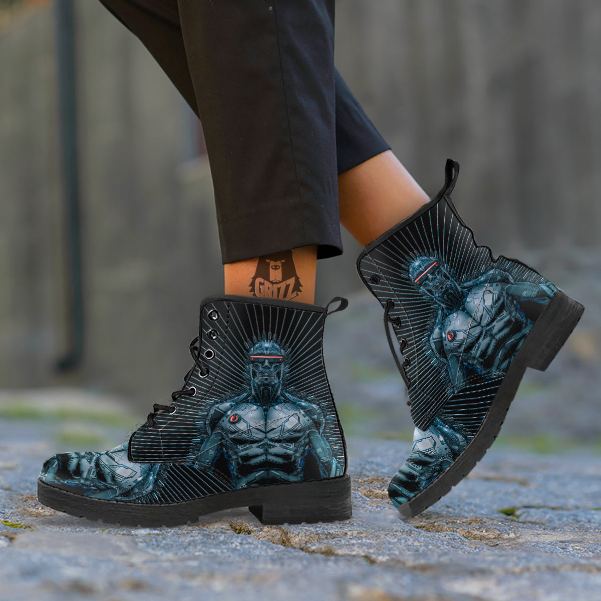 Robot Connection Print Leather Boots-grizzshop