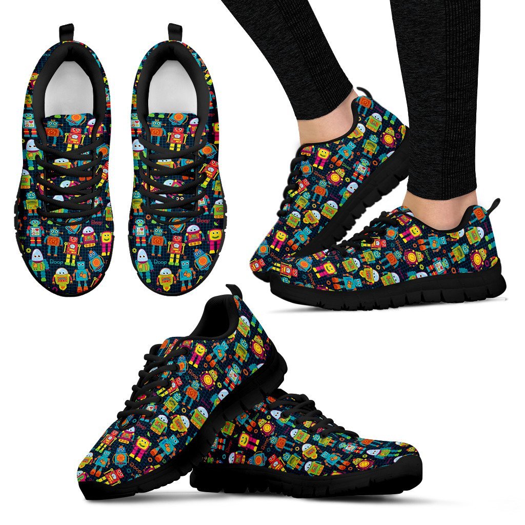 Robot Cyborg Print Pattern Black Sneaker Shoes For Men Women-grizzshop