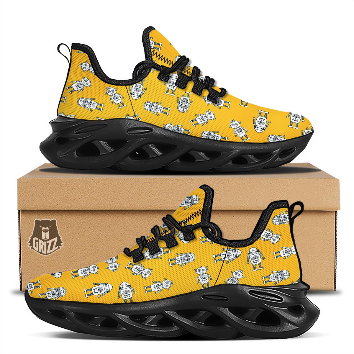 Robot Servant Print Pattern Black Running Shoes-grizzshop