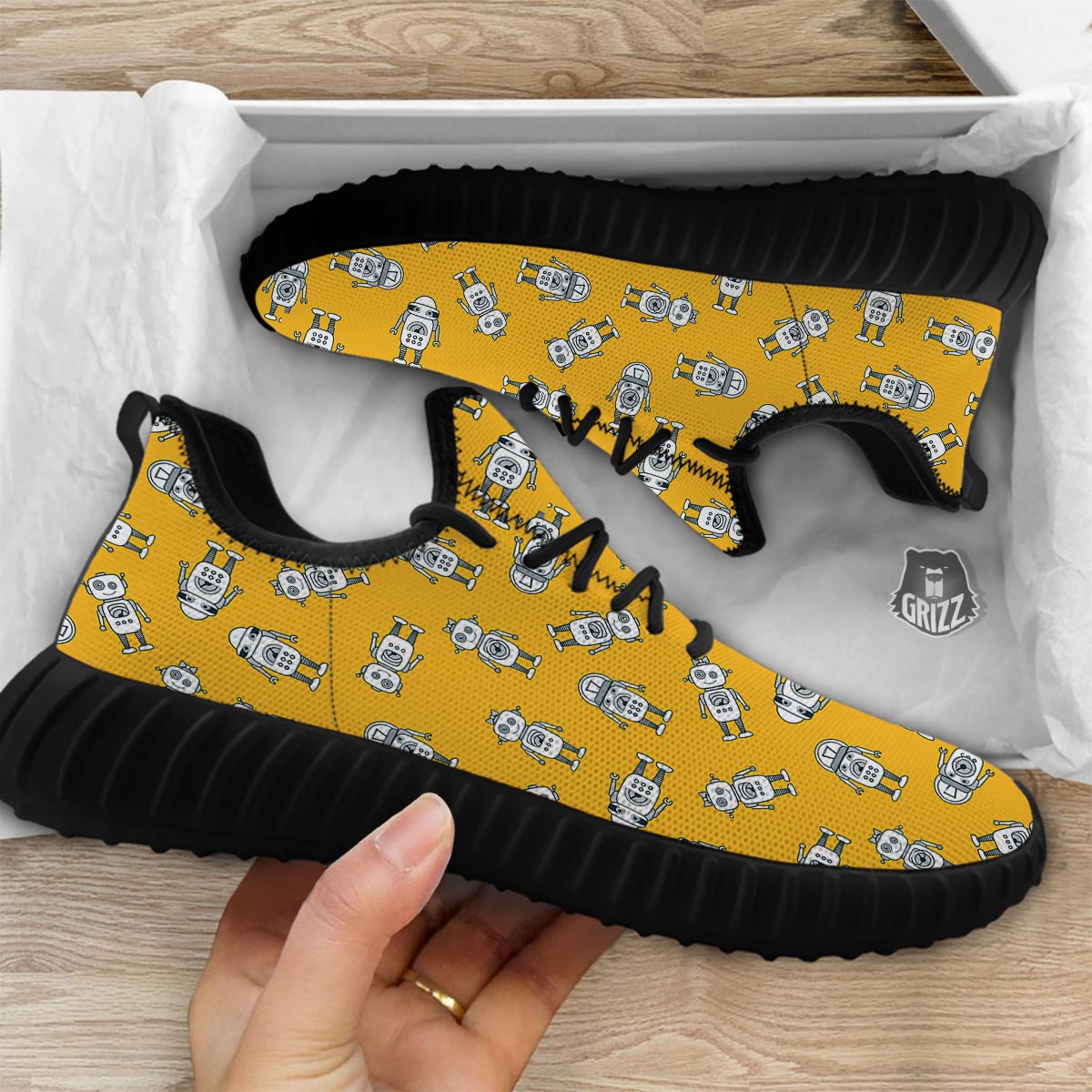 Robot Servant Print Pattern Black Walking Shoes-grizzshop