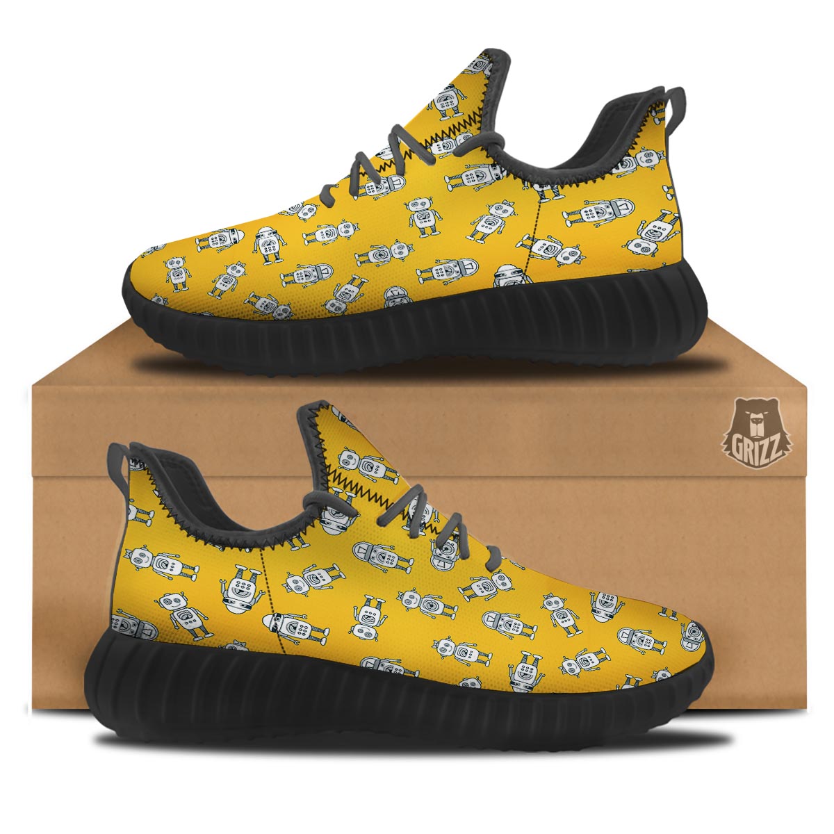 Robot Servant Print Pattern Black Walking Shoes-grizzshop