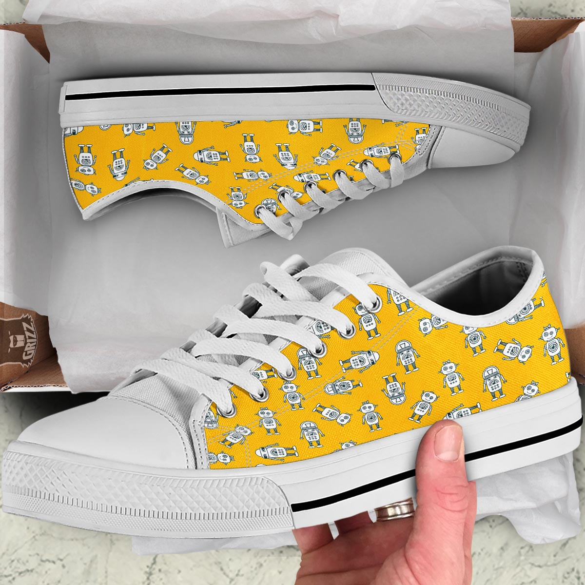 Robot Servant Print Pattern White Low Top Shoes-grizzshop