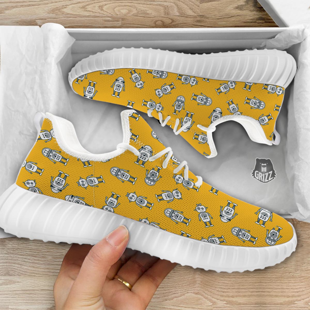 Robot Servant Print Pattern White Walking Shoes-grizzshop