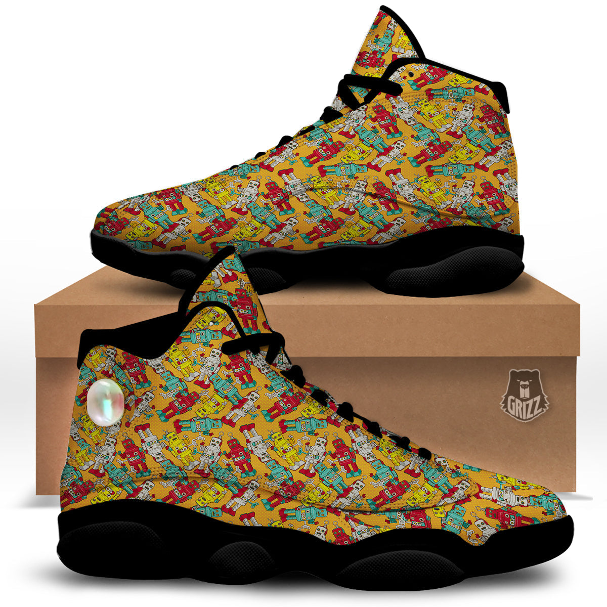 Robot Toy Vintage Print Pattern Black Basketball Shoes-grizzshop