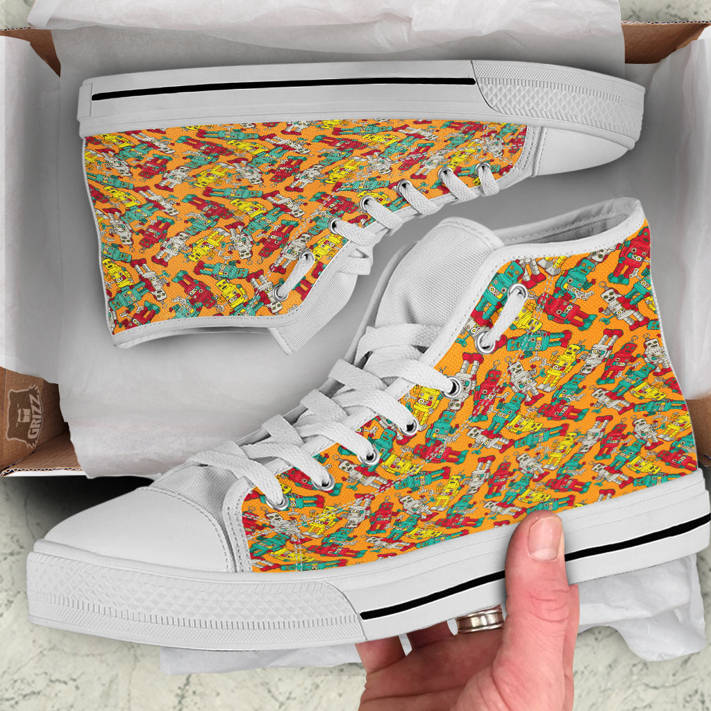 Robot Toy Vintage Print Pattern White High Top Shoes-grizzshop