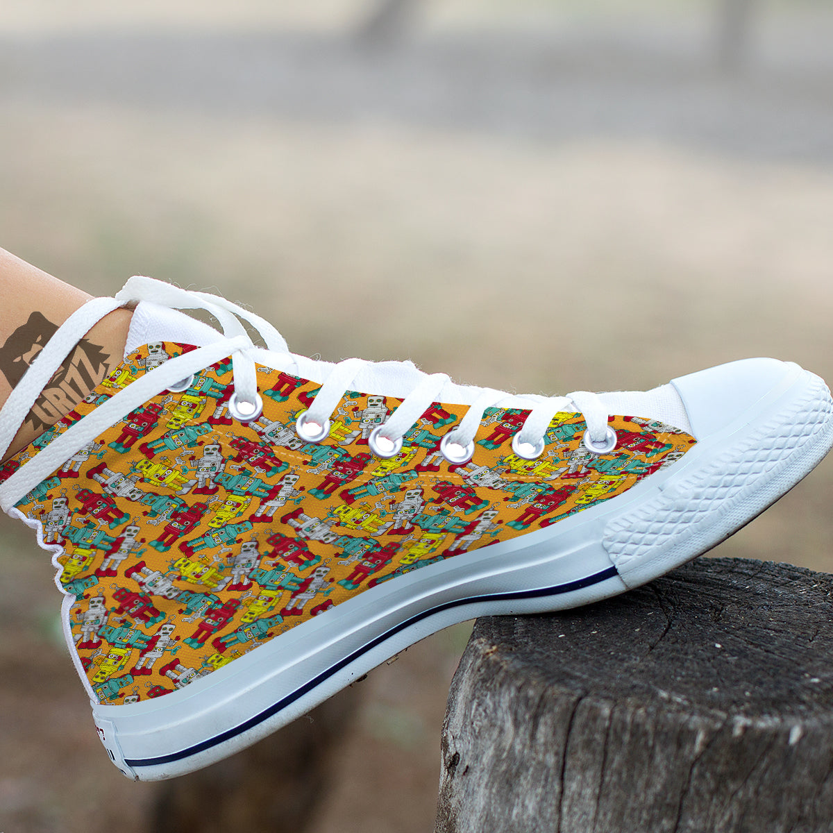 Robot Toy Vintage Print Pattern White High Top Shoes-grizzshop