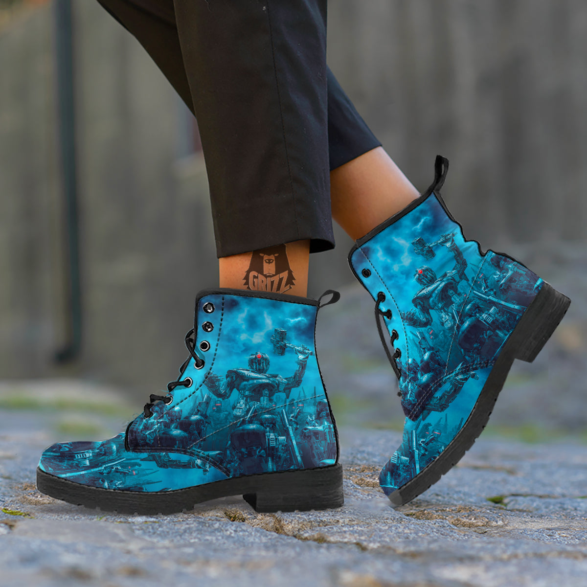 Robot War Print Leather Boots-grizzshop