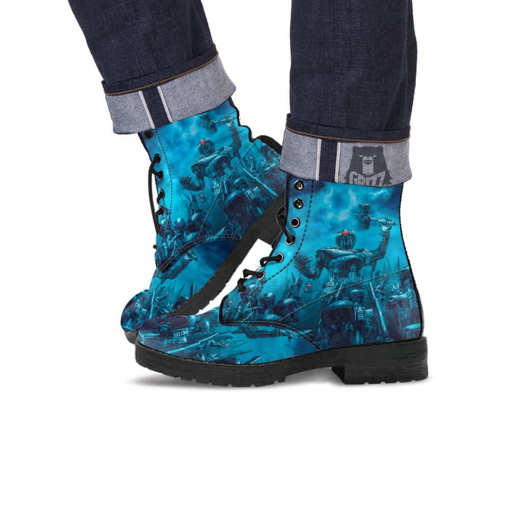 Robot War Print Leather Boots-grizzshop