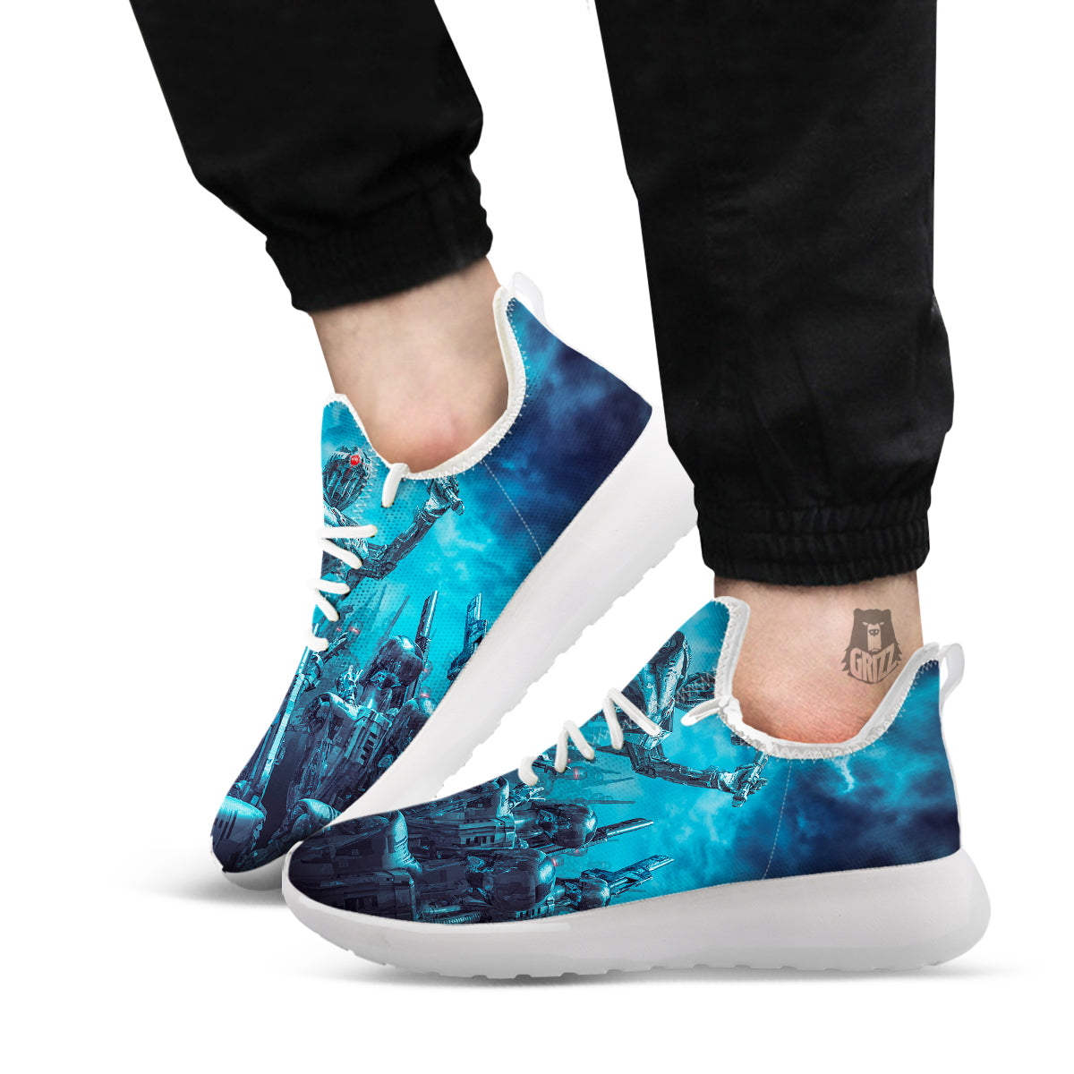 Robot War Print White Athletic Shoes-grizzshop