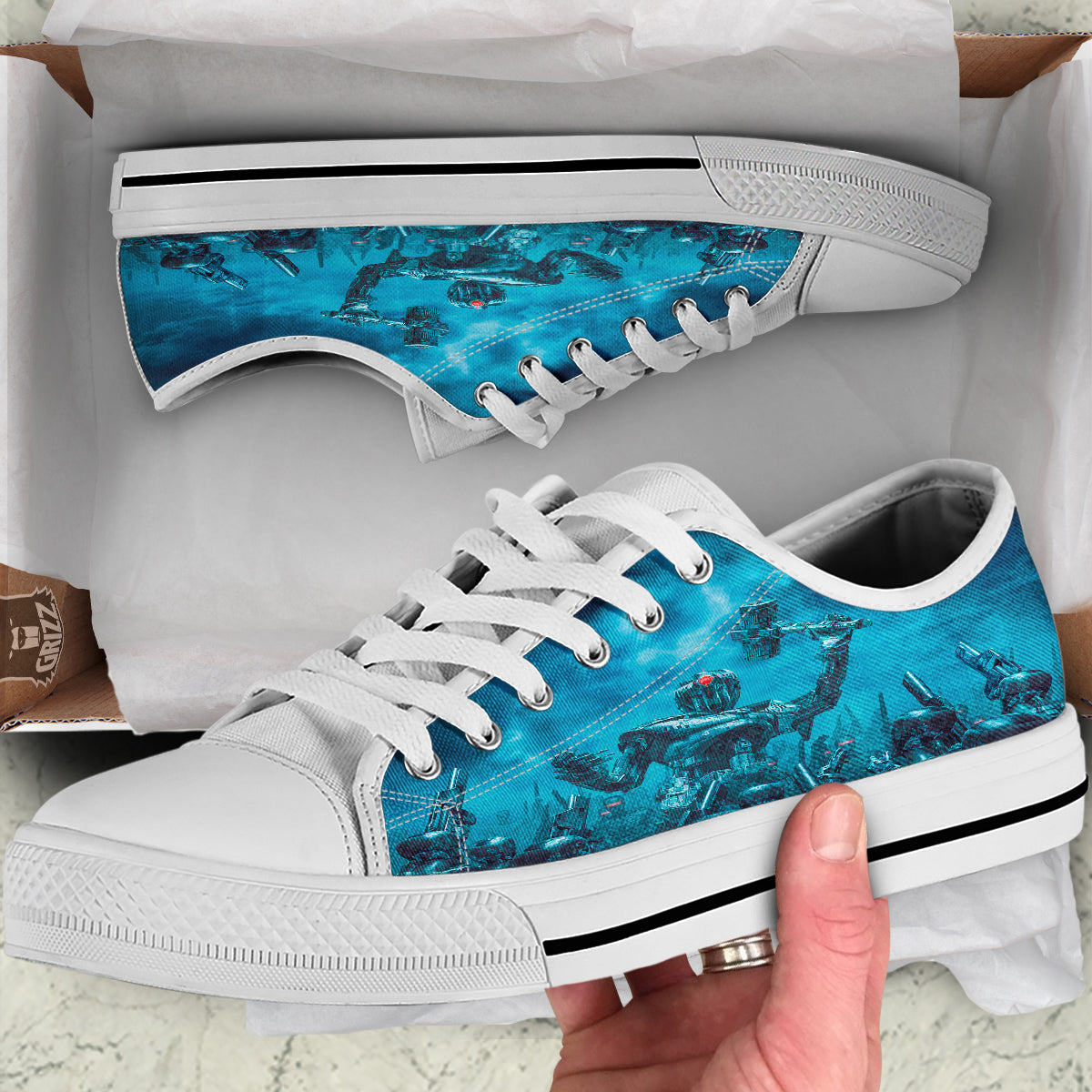 Robot War Print White Low Top Shoes-grizzshop