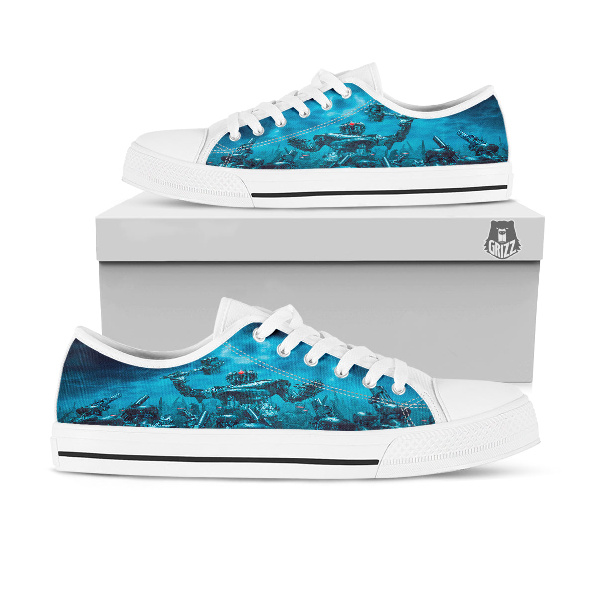 Robot War Print White Low Top Shoes-grizzshop