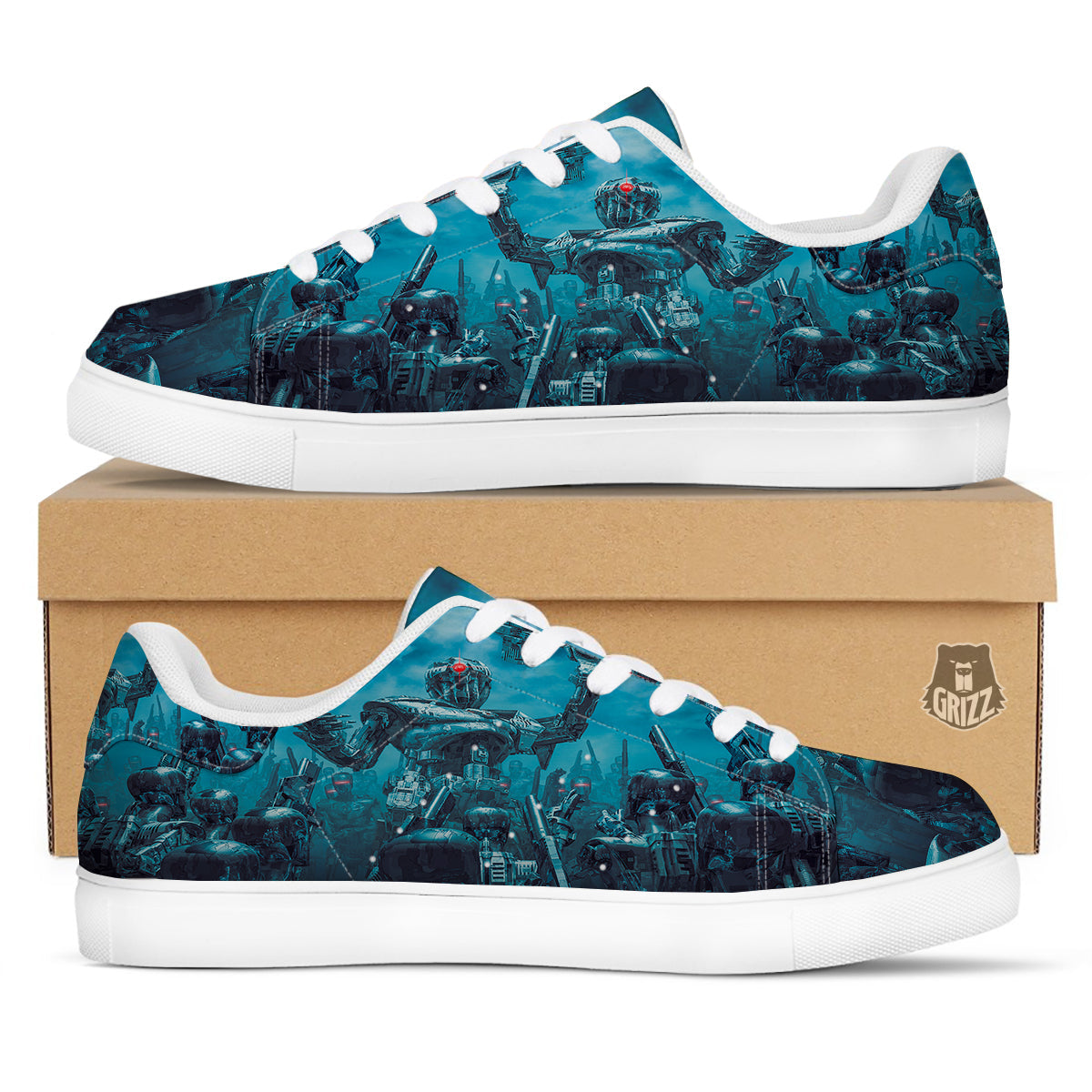 Robot War Print White Low Top Sneakers-grizzshop
