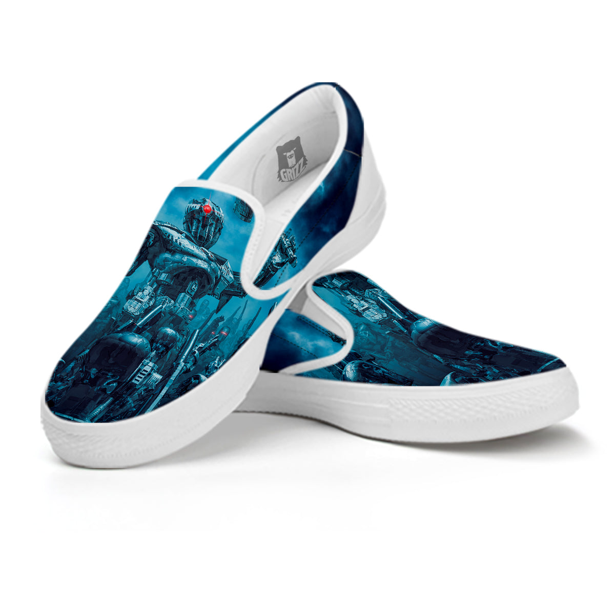Robot War Print White Slip On Shoes-grizzshop