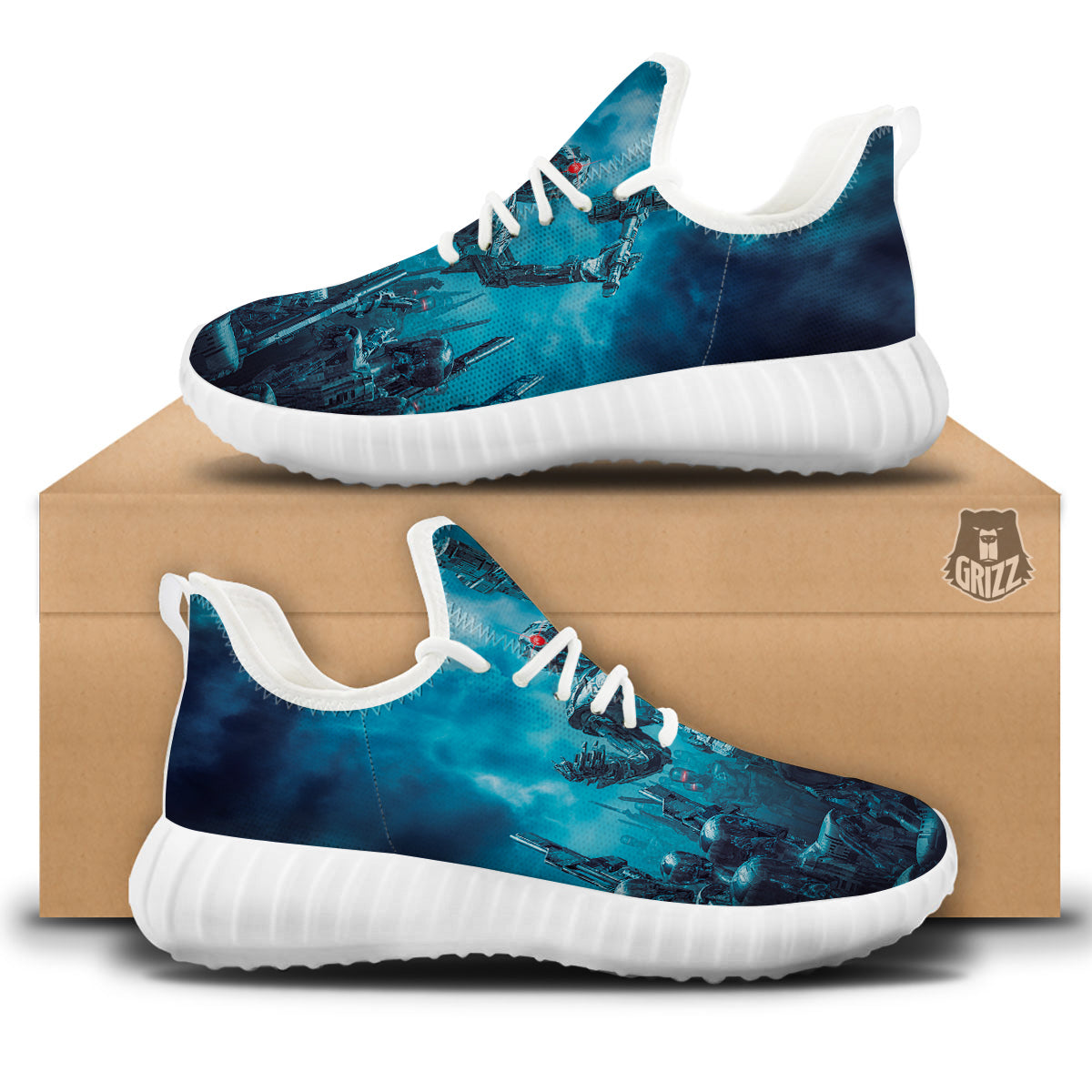 Robot War Print White Walking Shoes-grizzshop