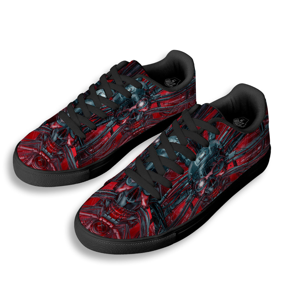 Robotic Skull Print Black Low Top Sneakers-grizzshop