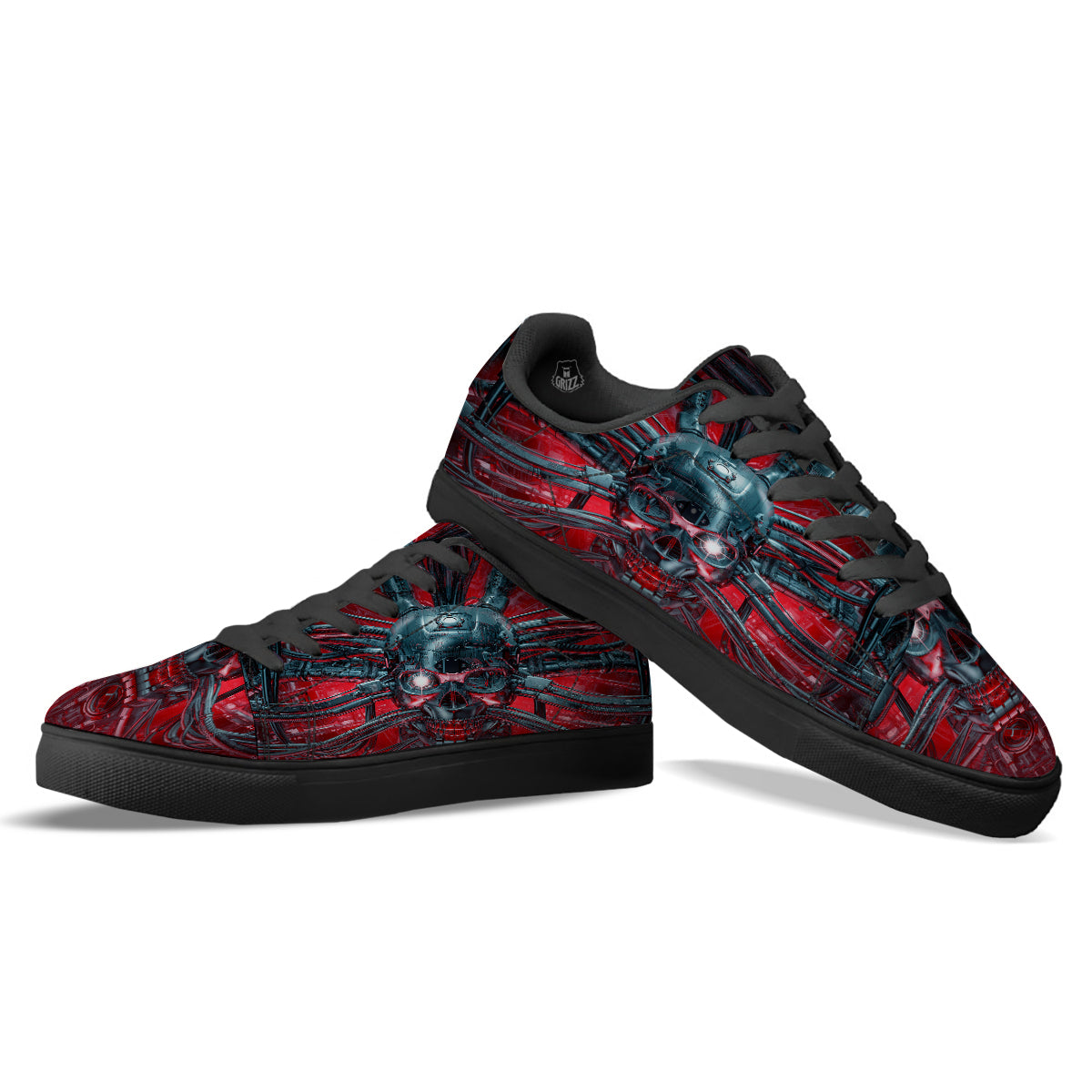 Robotic Skull Print Black Low Top Sneakers-grizzshop