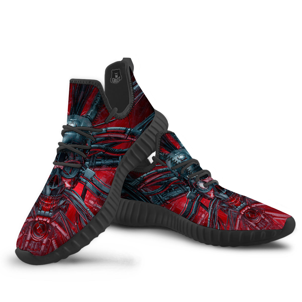 Robotic Skull Print Black Walking Shoes-grizzshop
