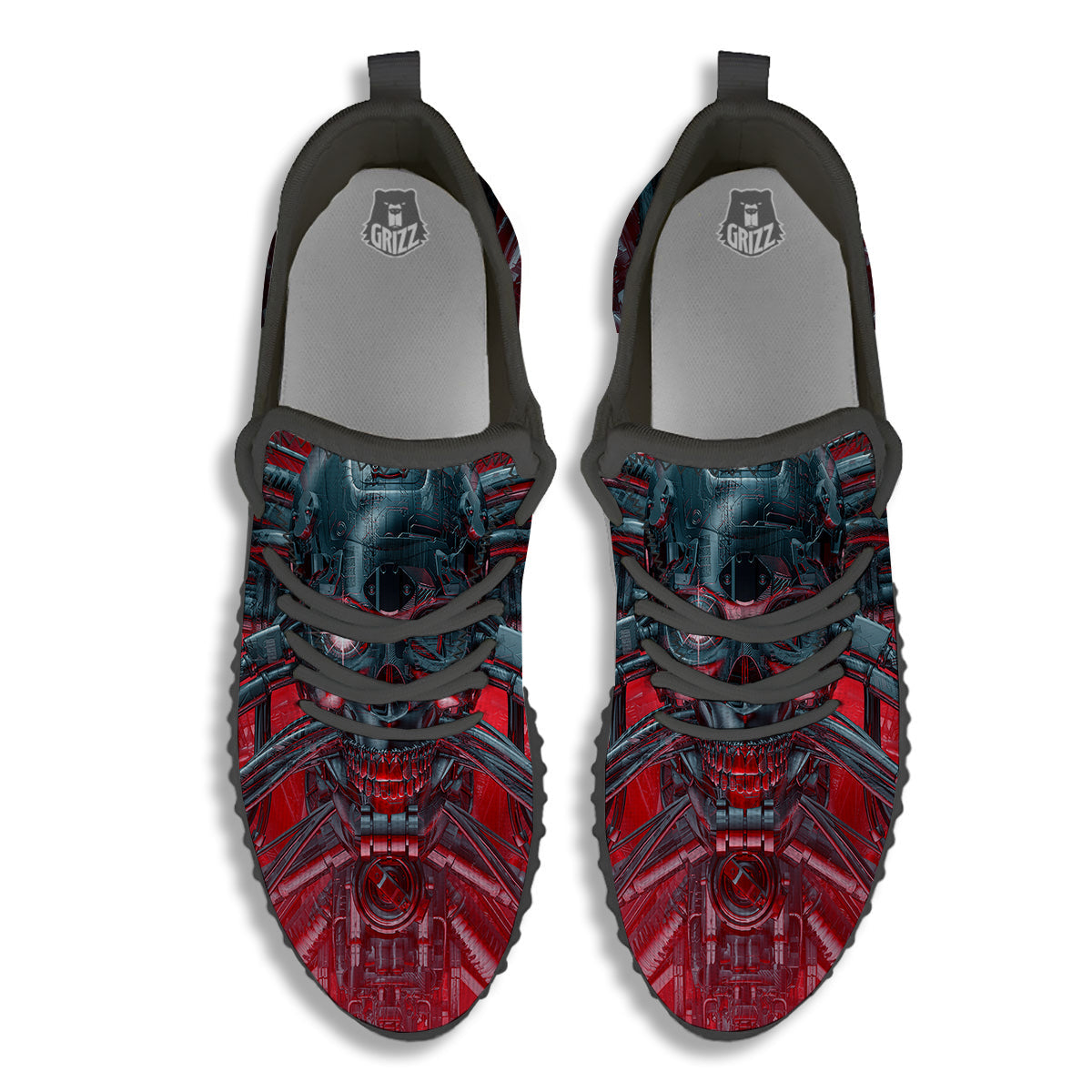 Robotic Skull Print Black Walking Shoes-grizzshop