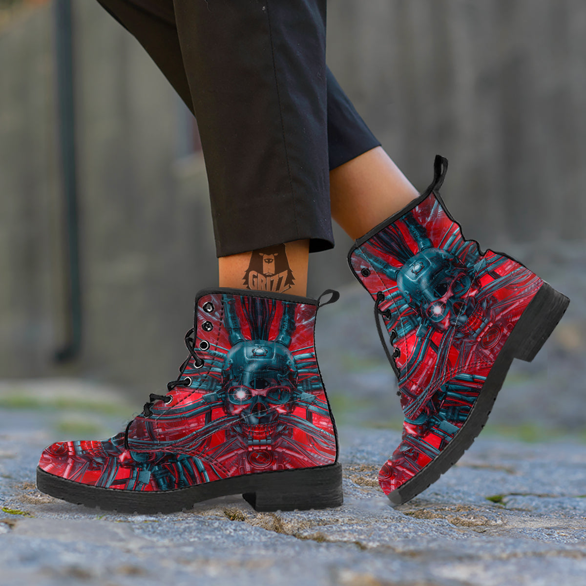 Robotic Skull Print Leather Boots-grizzshop