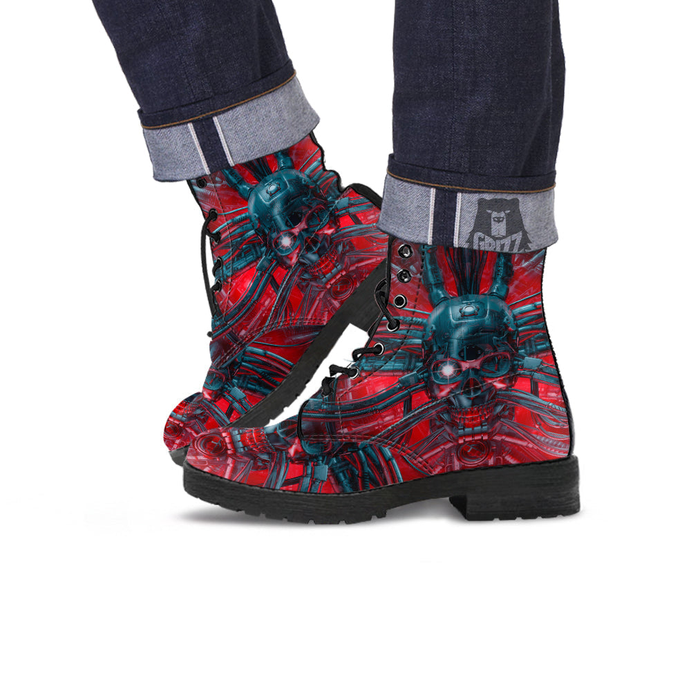 Robotic Skull Print Leather Boots-grizzshop