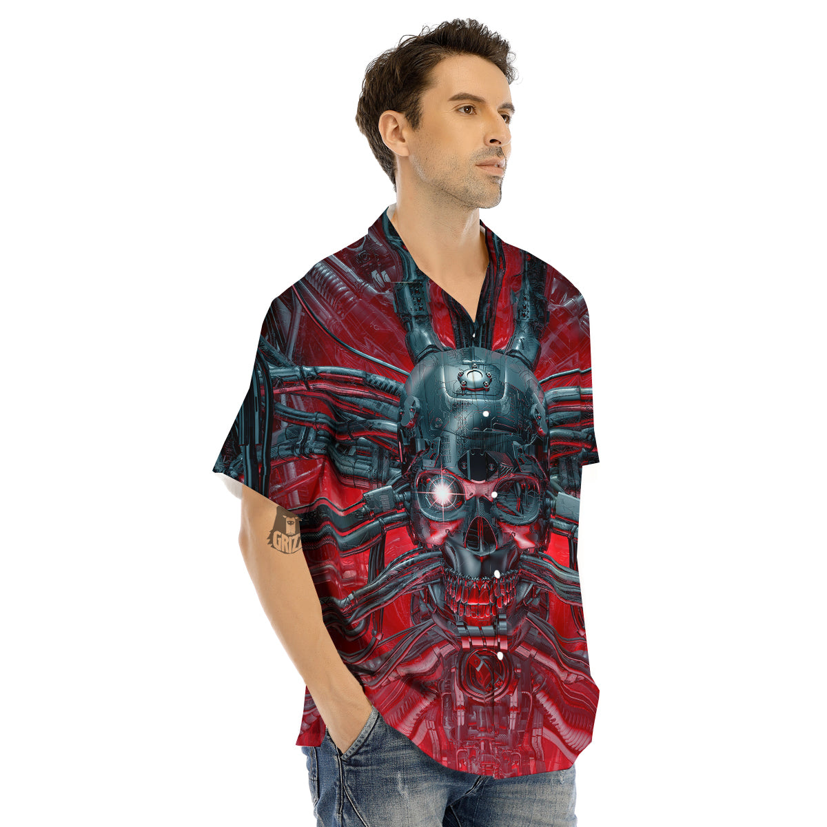 Robotic Skull Print Men's Hawaiian Shirt-grizzshop