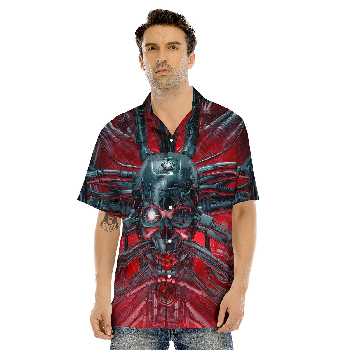 Robotic Skull Print Men's Hawaiian Shirt-grizzshop