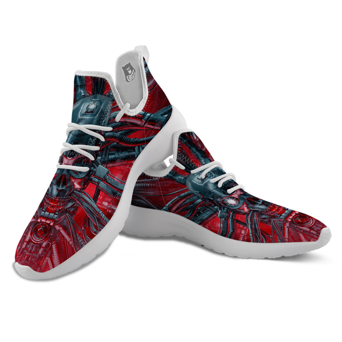 Robotic Skull Print White Athletic Shoes-grizzshop