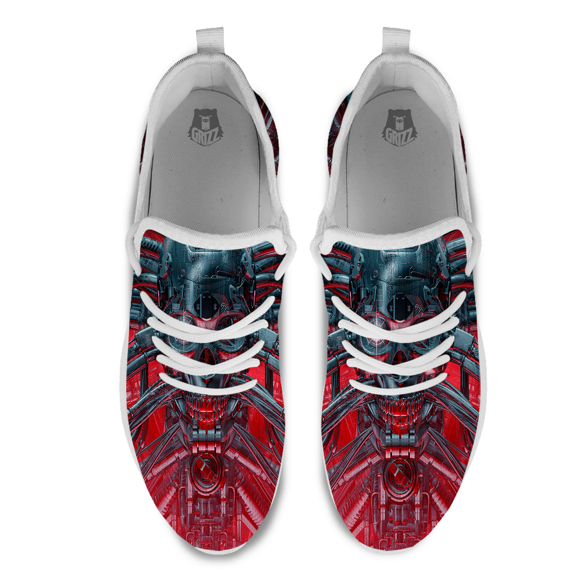 Robotic Skull Print White Athletic Shoes-grizzshop
