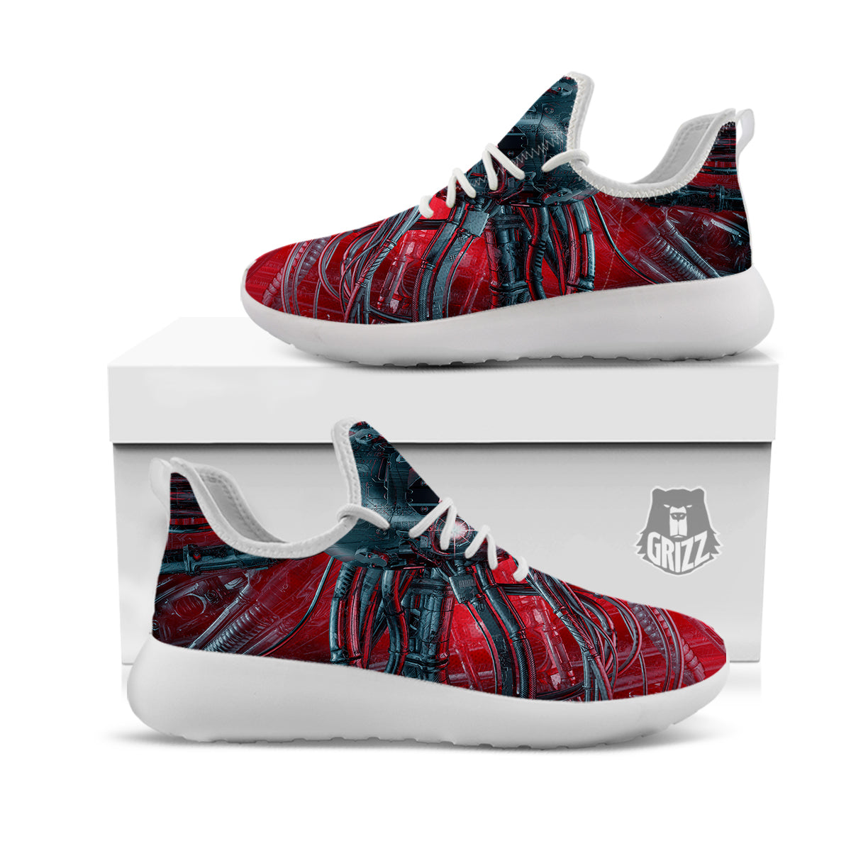 Robotic Skull Print White Athletic Shoes-grizzshop