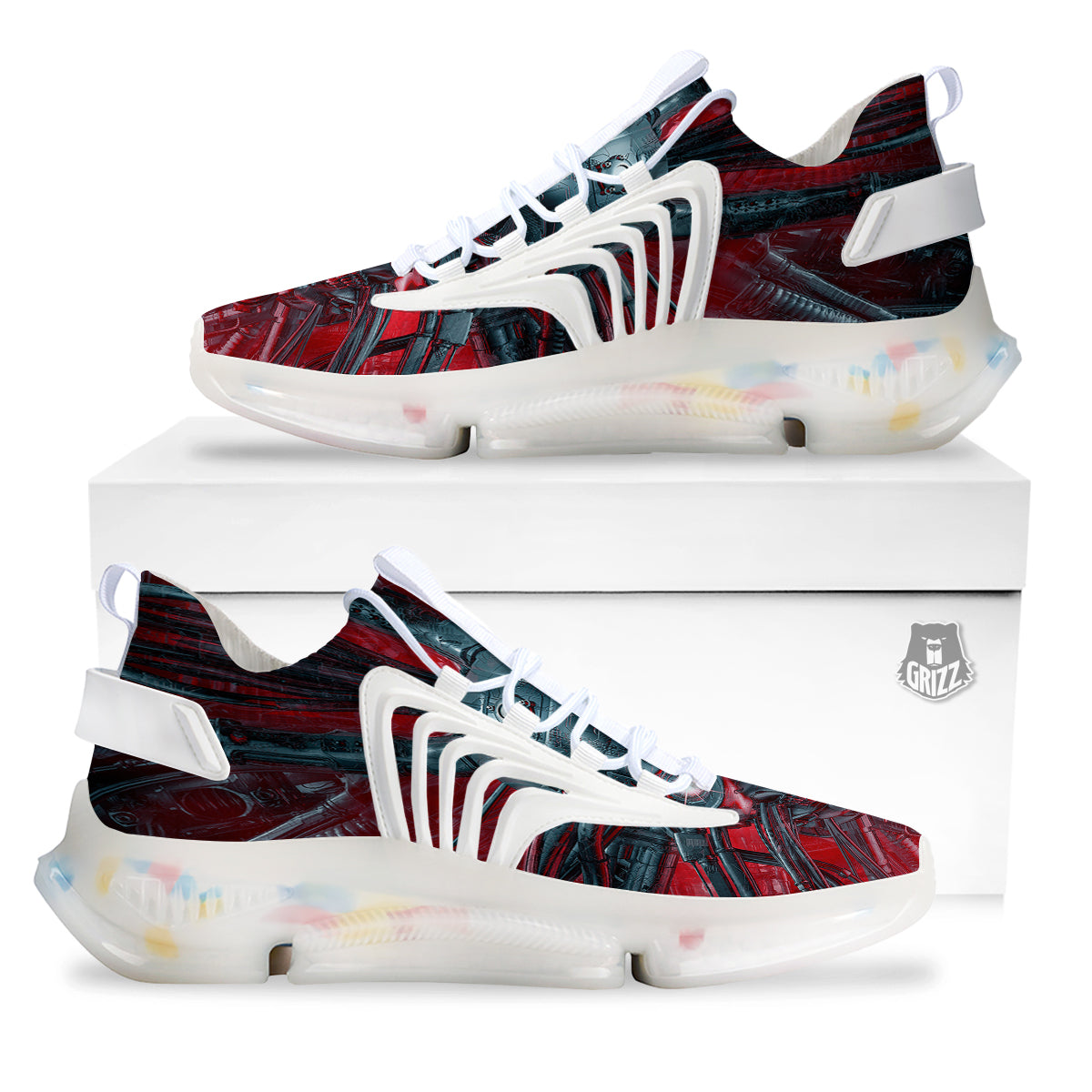 Robotic Skull Print White Gym Shoes-grizzshop