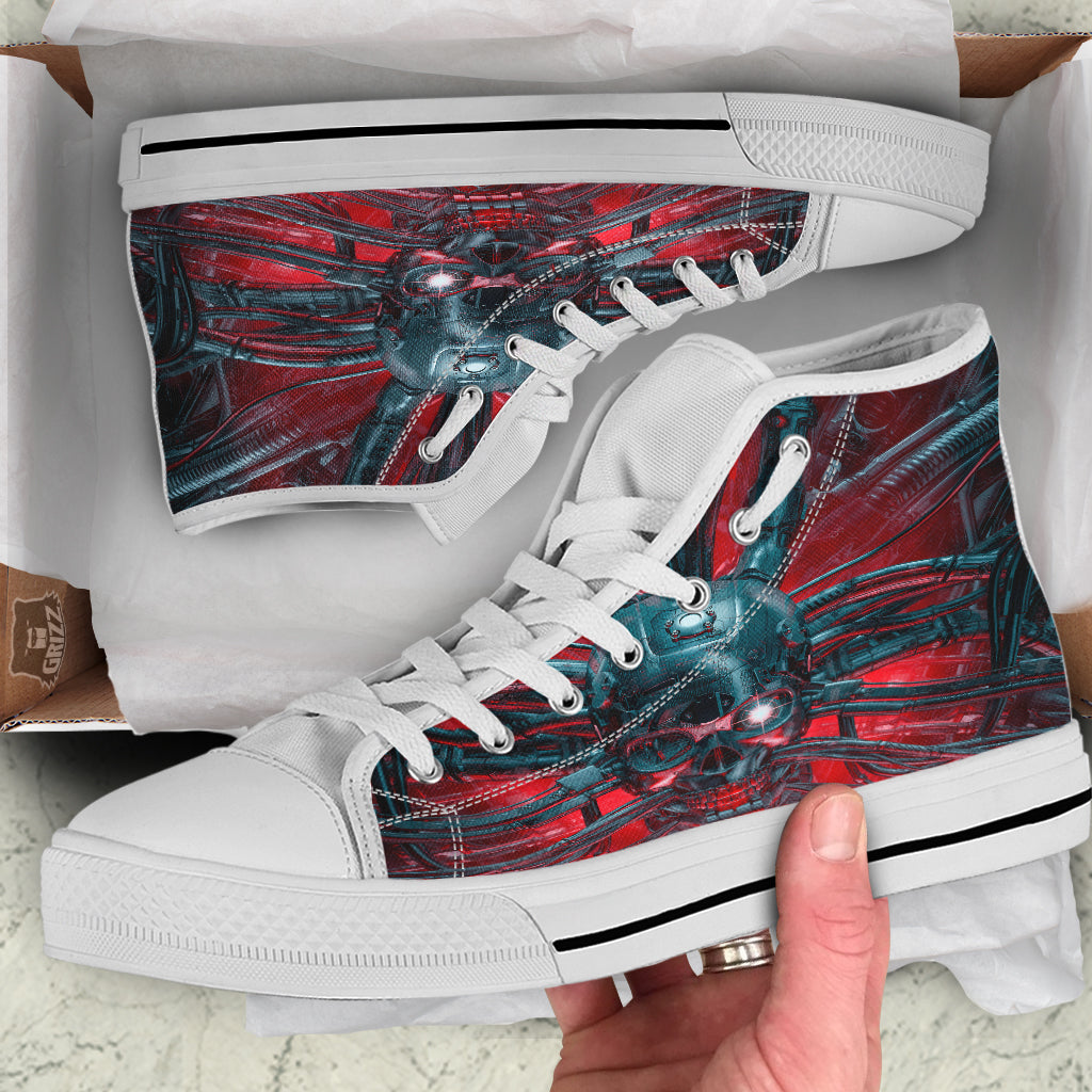 Robotic Skull Print White High Top Shoes-grizzshop