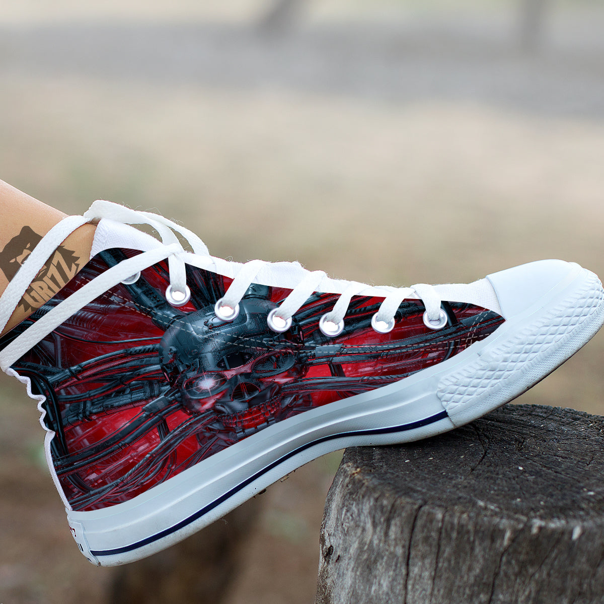 Robotic Skull Print White High Top Shoes-grizzshop