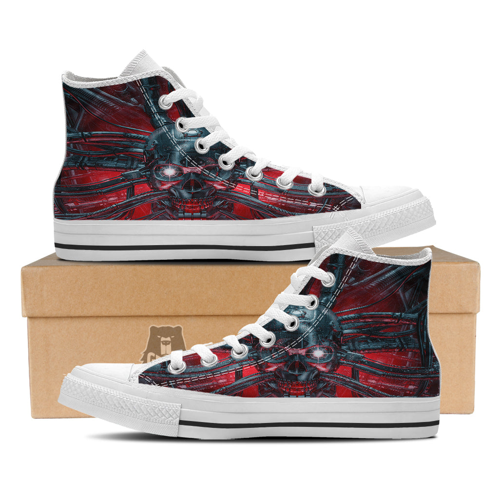 Robotic Skull Print White High Top Shoes-grizzshop