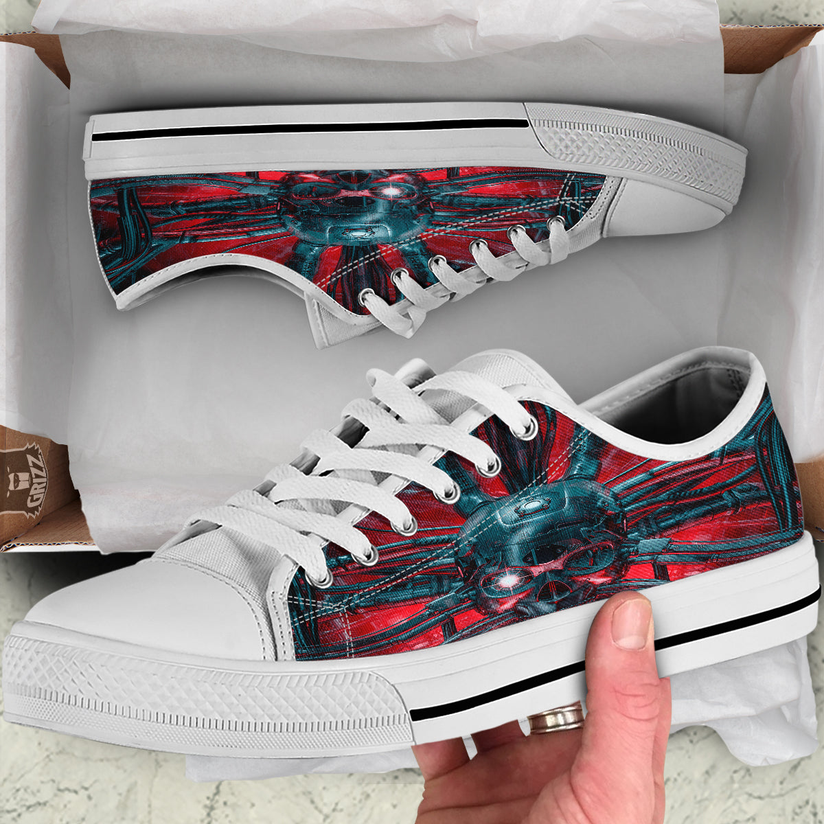 Robotic Skull Print White Low Top Shoes-grizzshop